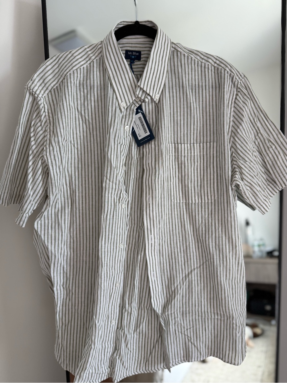 Short-Sleeve Button-Down Shirt in White & Green Stripes